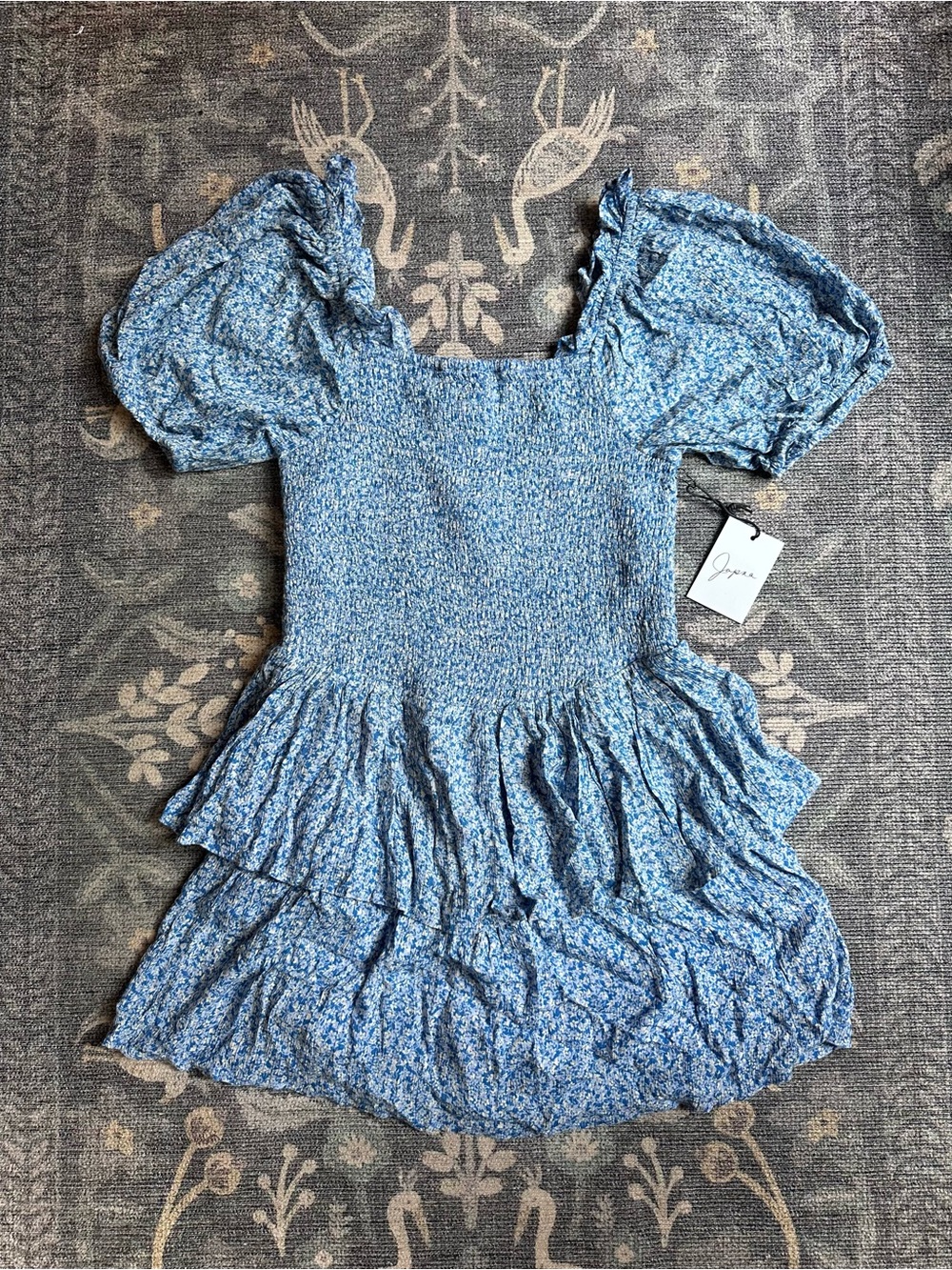 Japna Blue Floral Smocked Puffed Sleeve Mini Dress M NWT